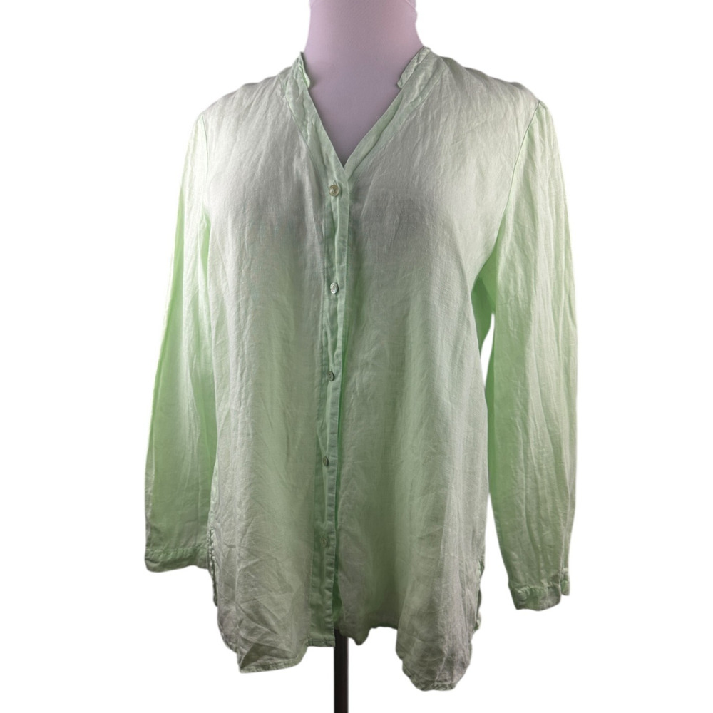 Eileen Fisher 100% Irish Linen Button Front Shirt Green Large Top Coastal Beachy - Picture 11 of 16
